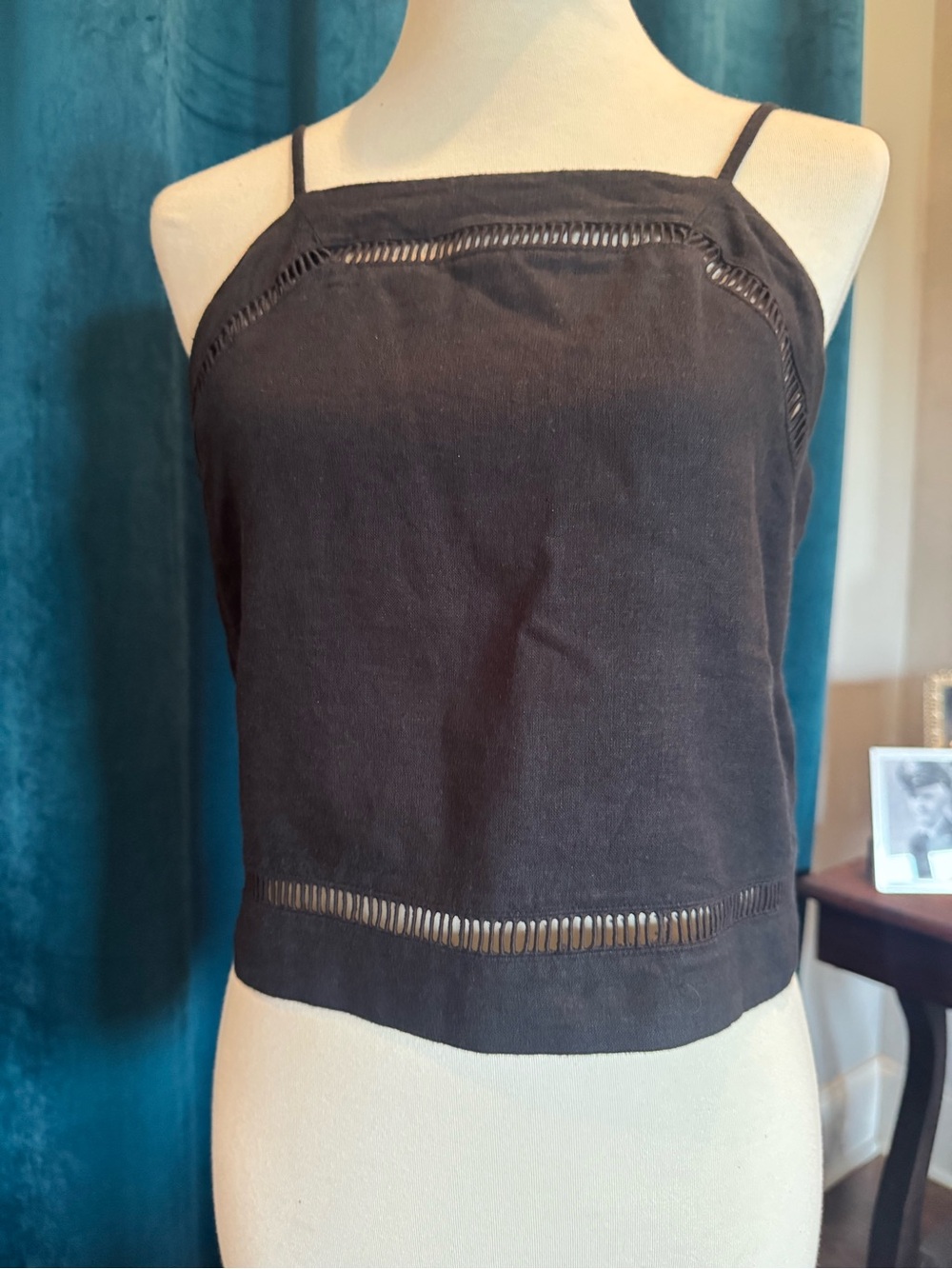 Abercrombie & Fitch Black Spaghetti-Strap Lace-Trim Crop Top - Picture 2 of 10